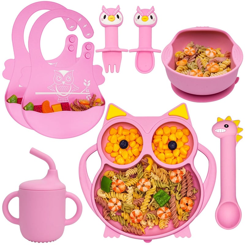 NICINGU Silicone Baby Feeding Set,Baby Led Weaning Supplies Baby Silicone Suction plate and bowl set,Toddler Self Feeding Dish with Spoons Forks Sippy Cup And Adjustable Bib for 6+ Months-Pink - Image 1